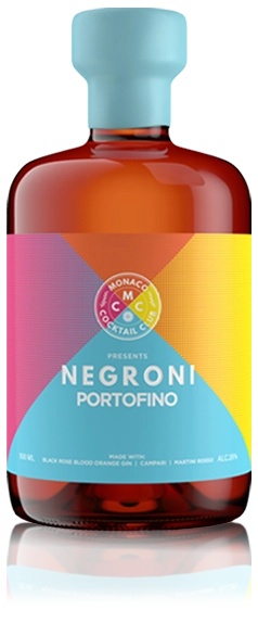A bottle of Monaco Cocktail Club's Negroni Portofino, shown with its vibrant multi-colored label and light blue cap. The product is isolated on a clean white background with a subtle reflection at its base.