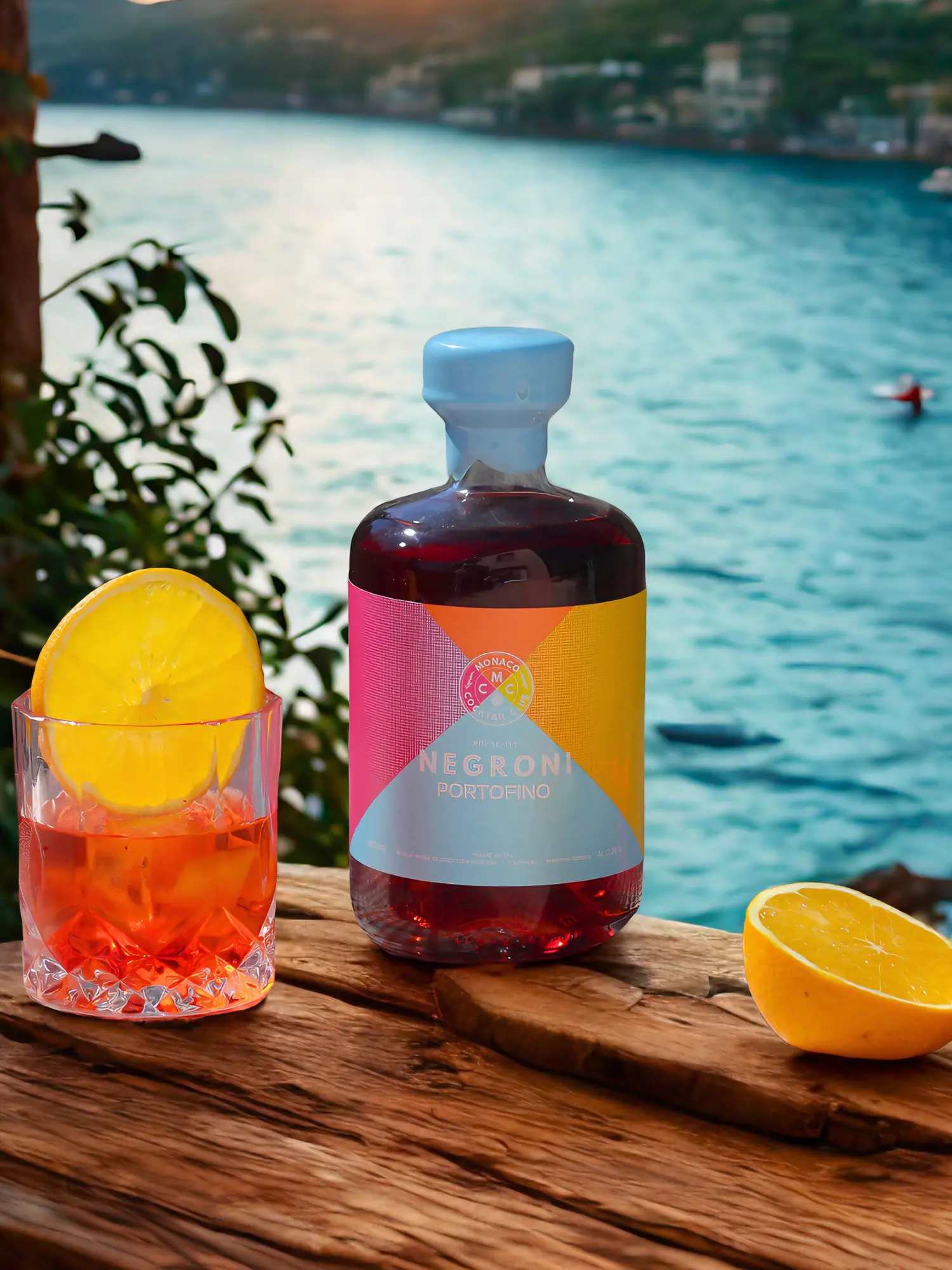 A bottle of Monaco Cocktail Club's Negroni Portofino sits on a rustic wooden ledge next to a prepared cocktail in a crystal glass garnished with a lemon wheel. The background shows the sunlit azure waters of a Mediterranean cove, capturing an idyllic Portofino-inspired aperitivo moment.
